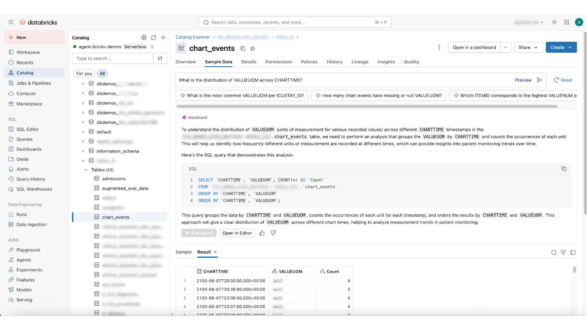 Catalog Explorer and SQL Editor interface, enabling engineers and analysts to quickly verify data quality, schema, and availability in real time.