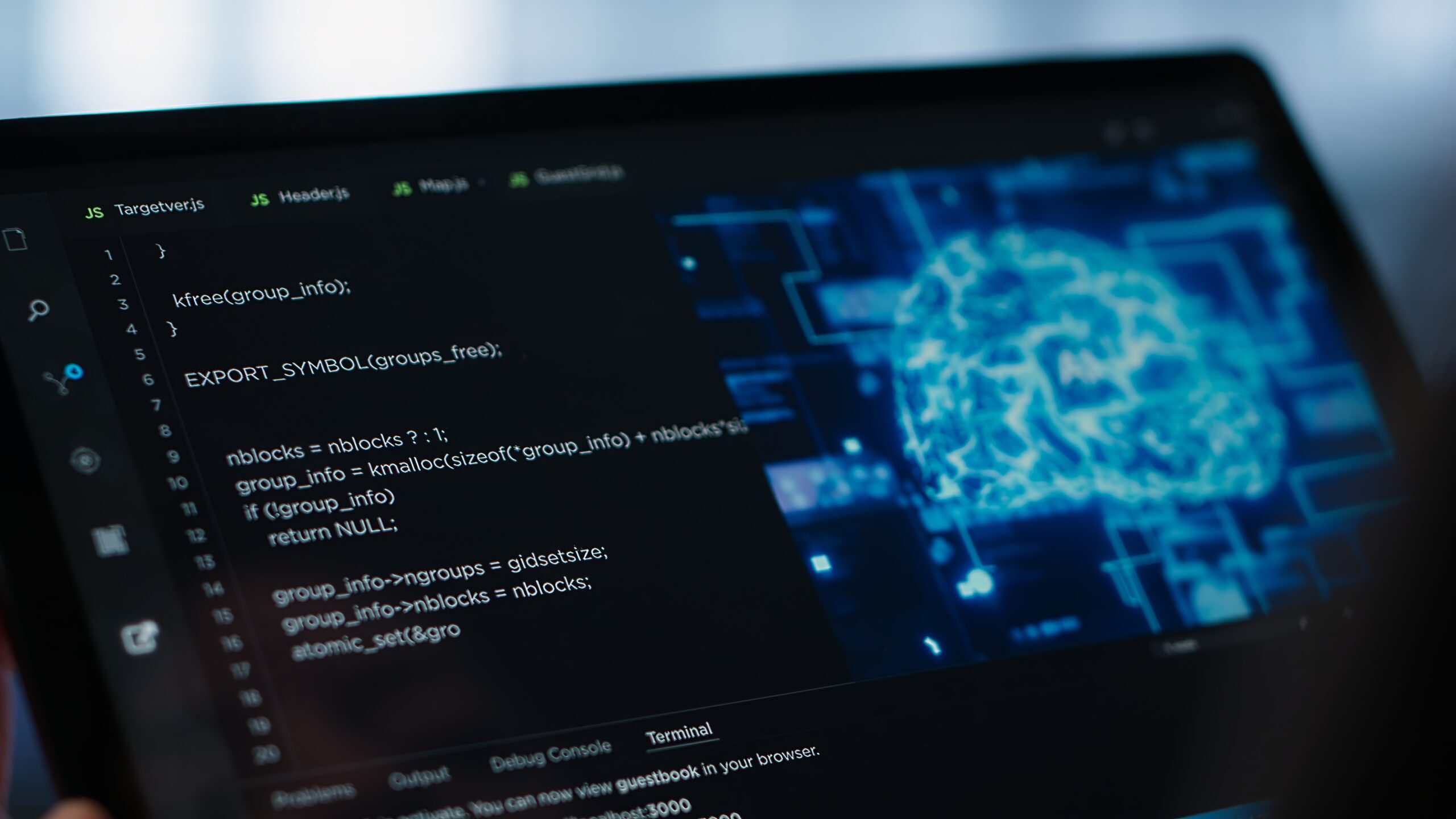 Data center technician using artificial intelligence on tablet, close up
