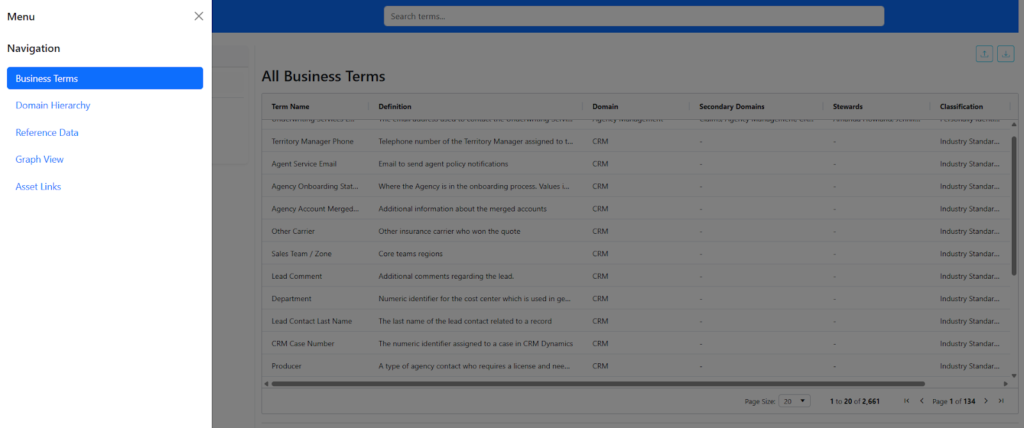 Interface of the Databricks Business Glossary app showing a searchable grid of business terms, definitions, assigned domains, and classifications with a navigation sidebar.