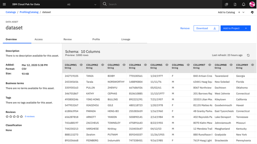 A dataset preview interface in IBM Knowledge Catalog showing 10 columns of data in a grid, including technical metadata like format (CSV), file size (93 KB), and last refresh time.