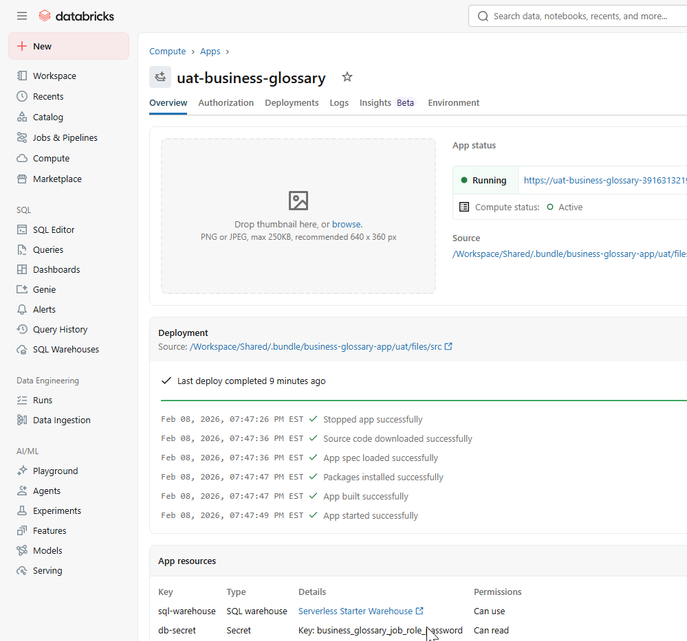 Databricks Apps UI showing the running status, deployment logs, and active resources for the uat-business-glossary application.