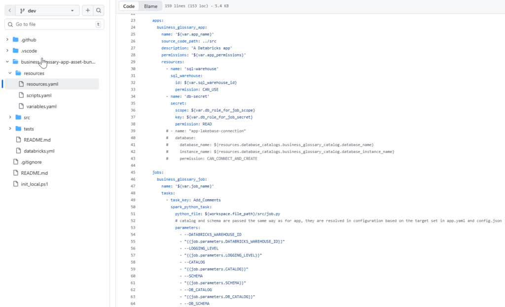 YAML configuration in Databricks Asset Bundles defining app resources, SQL warehouses, and Lakebase connection strings.