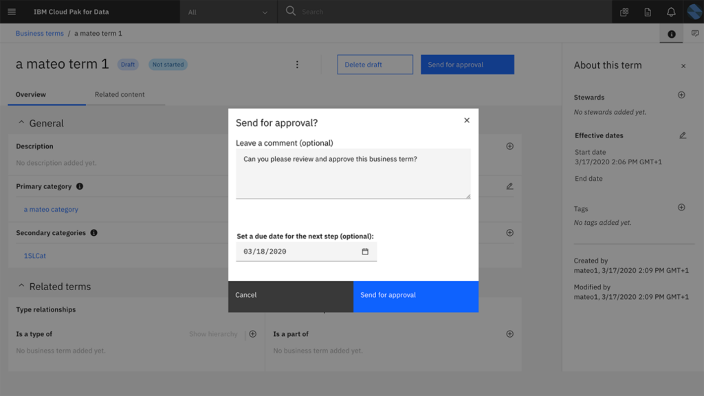 A pop-up window in IBM Knowledge Catalog titled "Send for approval?" with a comment field and a due date selector for a business term.