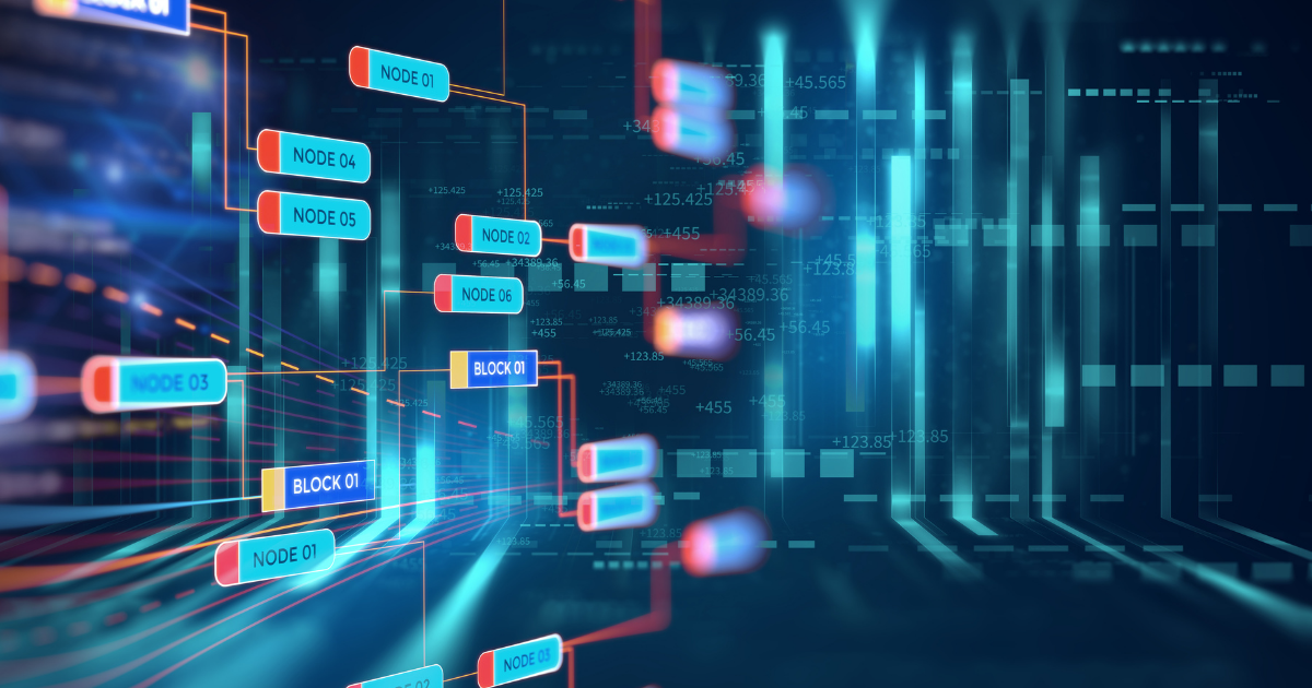 Abstract digital visualization of a data network showing interconnected nodes and process blocks labeled "Node" and "Block" in a glowing blue and orange cyber environment.