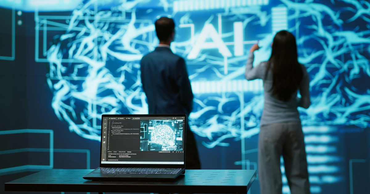 Artificial intelligence monitoring concept image for machine learning in production with laptop and AI interface