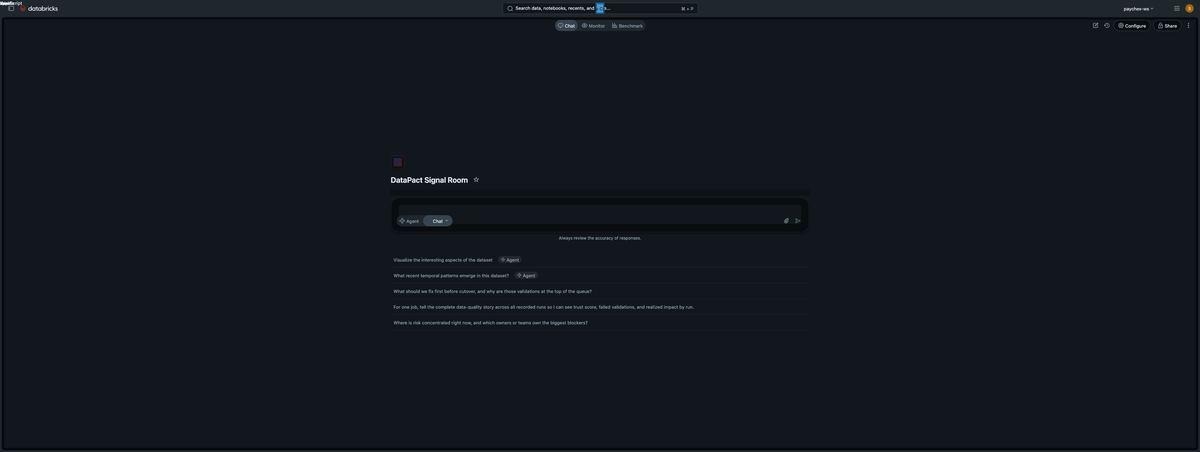 Screenshot of the DataPact Signal Room in Databricks, the curated Genie space introduced in 3.0. The interface shows example questions migration teams can ask, including "What recent temporal patterns emerge in this dataset?", "What should we fix first before cutover?", and "Where is risk concentrated right now?" Entrada branding visible.