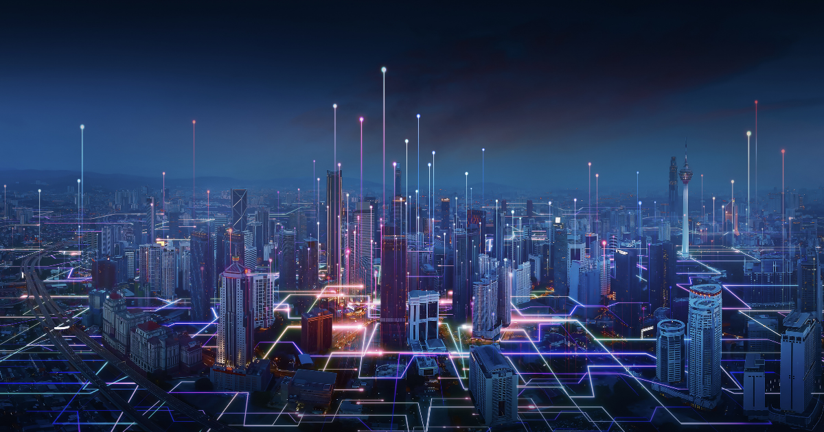Feature store-driven ML architecture concept visualized as a connected smart city at night with data flow lines