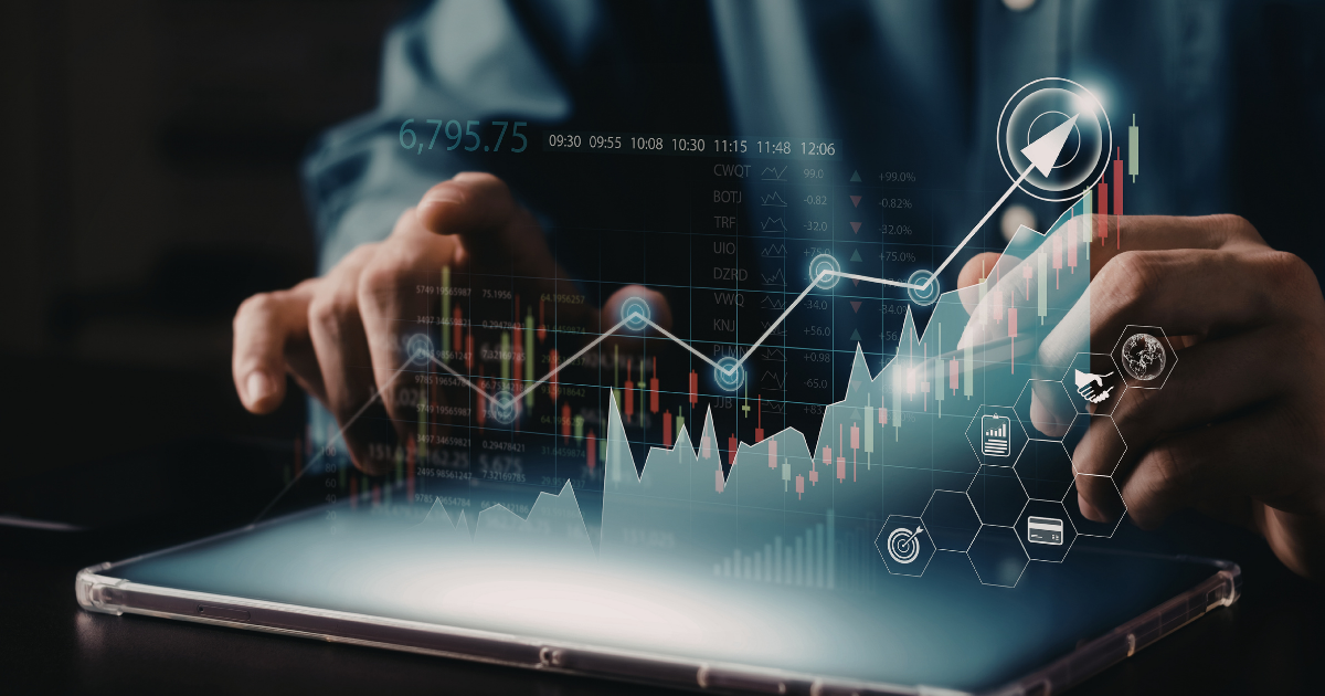 Abstract data visualization showing a businessman interacting with a holographic stock chart, candlestick graphs, and financial KPI icons emerging from a tablet — symbolizing modern data architecture and AI-driven analytics on the Databricks Lakehouse.