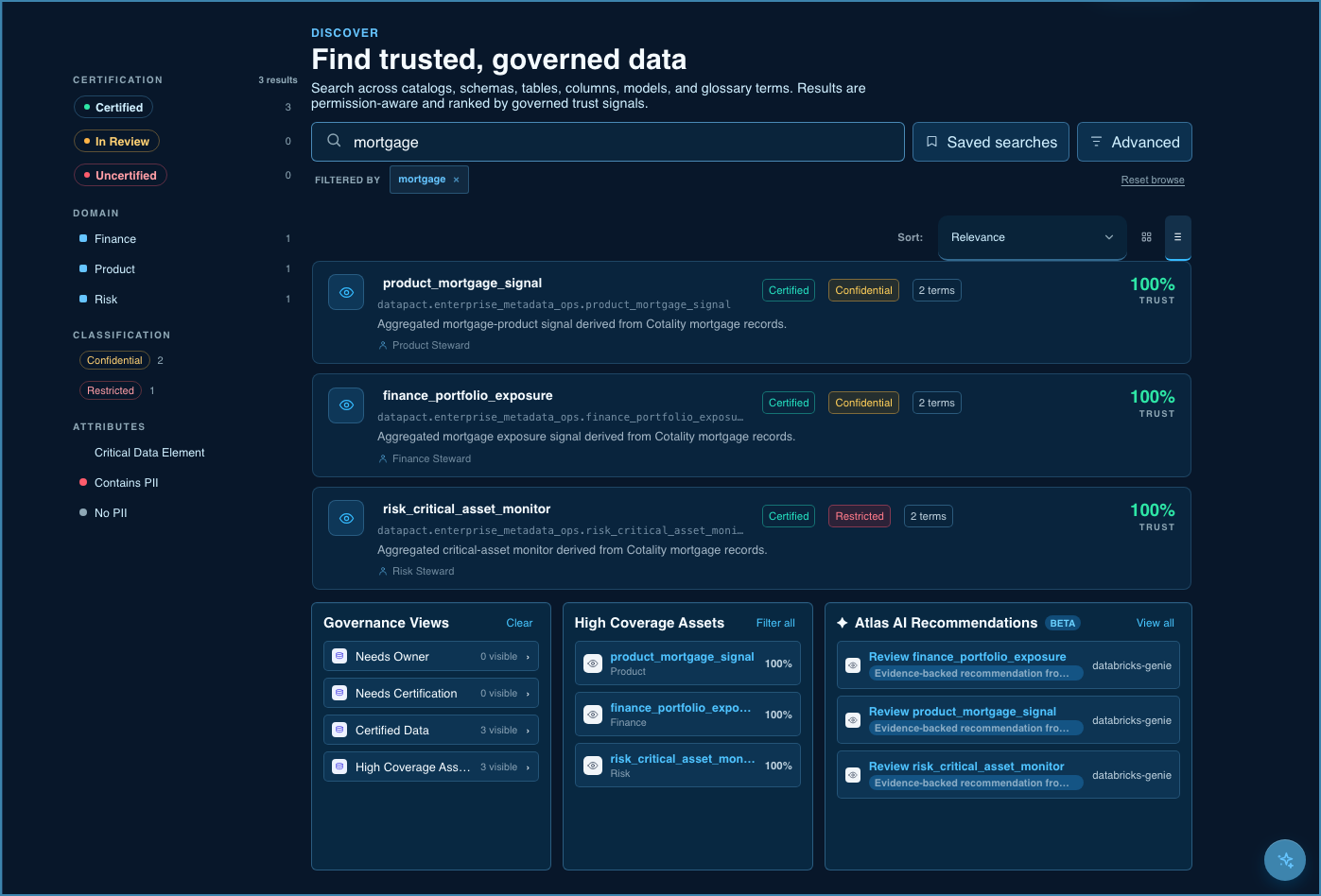 Entrada Governance Atlas discovery interface on Databricks: governed search results with trust scores, certification filters, Unity Catalog asset metadata, and Genie-powered Atlas AI recommendations for stewardship workflows.